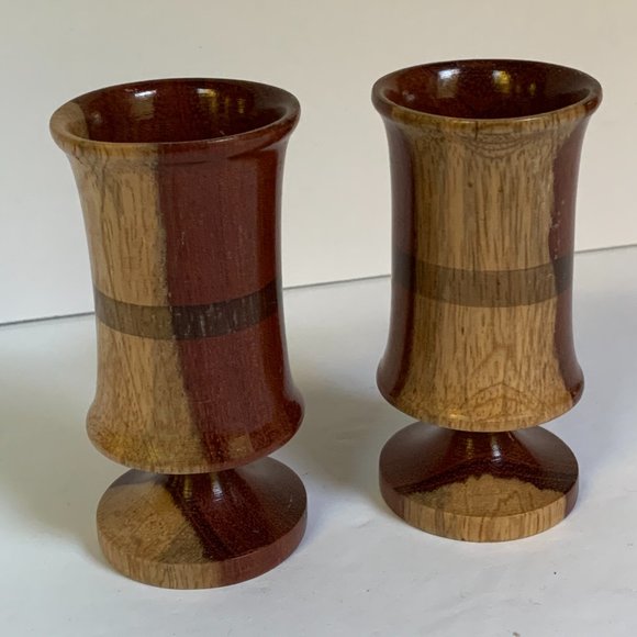 2 Turned Wood Cordial Glasses Handcrafted Pedestal Rustic Barware Bar Cart - Picture 6 of 6